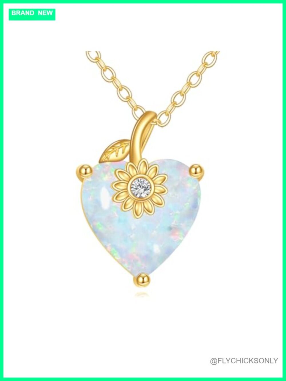 14K Solid Gold Heart Birthstone Necklace 3 Carat Created Opal Sunflower Pendant